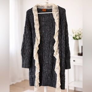 POL Charcoal Blue Cardigan with Cream Lace Trim